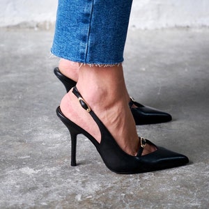 Black High Heels shoe,pointed toe shoes with an open back,Genuine Leather High Heels Shoes,Bridal shoes,evening dress shoe,ankle strap heels