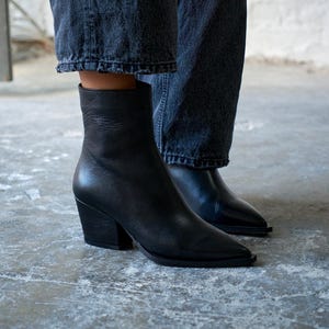 Black Leather Ankle Boots,Genuine Leather Pointed Toe Booties,Block Heel Boots