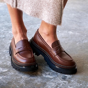 Brown Leather Chunky Heel Loafers, Women&#39;s Office & Casual Shoes, Classic Penny Loafers