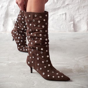 Brown Studded Suede knee Boots, Black Suede Stiletto Heel Boots, slouchy Party Boots for Women, Pointed Toe Fall Winter Boots