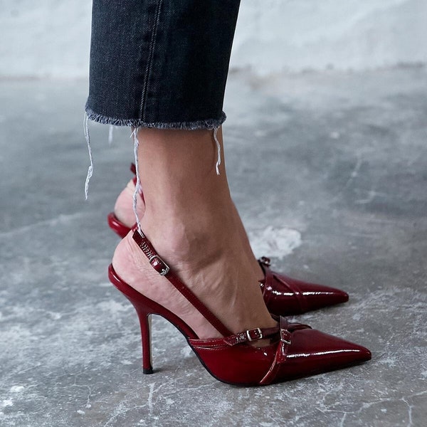 Chaussures à talons hauts bordeaux, chaussures à talons hauts en cuir véritable noir-rouge-brun, chaussures de mariée, chaussures de mariage, talons avec bride à la cheville, chaussures à talons pointus