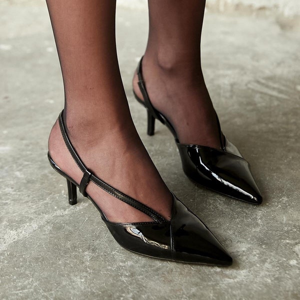 Escarpins à talons bas en cuir verni noirs, talons bordeaux, talons de 5 cm, chaussures de mariée, chaussures de mariage, talons beiges, talons à brides, chaussures de soirée