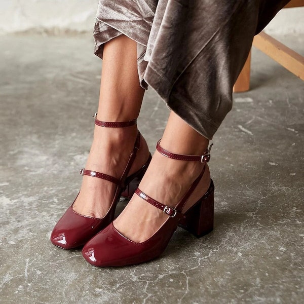 Burgundy Mary Jane Shoes,Block Heel Sandals,Black Mary Jane Shoes,Mary Jane flats,Women's Sandals,mary jane heels,ankle strap mary jane