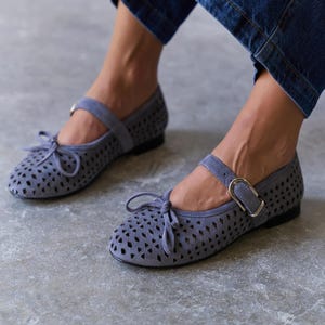 Gray Suede Mary Jane Flats, Perforated Leather Ballet Shoes, Women Handmade Mary Janes