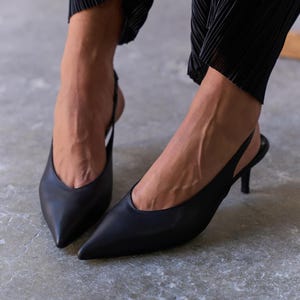 Black Leather Slingback Heels, Pointed Toe Stiletto, Elegant Women&#39;s Shoes, Wedding Shoes