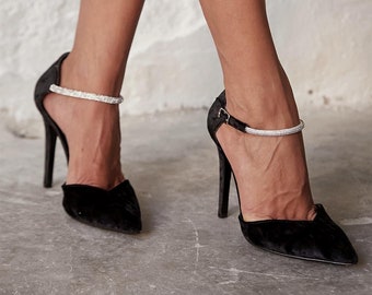 Black Velvet High heels,Ankle Strap heels,pink heels,bridal shoes,wedding shoes,pointed toe heels,party shoes,evening dress shoes