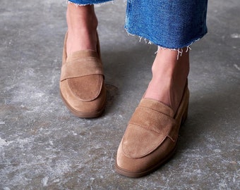 Women Brown leather loafer,women casual shoes,thick heeled loafers,beige suede loafer,oxford shoes,navy blue suede loafers,heeled loafers