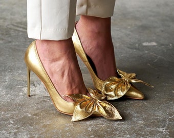 Gold leather high heels,bridal shoe,wedding shoe,bridal heels,Black,silver bow tie heeled shoe,ultra thin heels,pointed toe heels