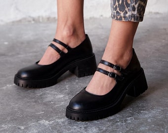 Black leather mary jane shoe,women leather mary jane,platform mary jane,women sandals,thick heeled shoes,two straps mary jane shoes