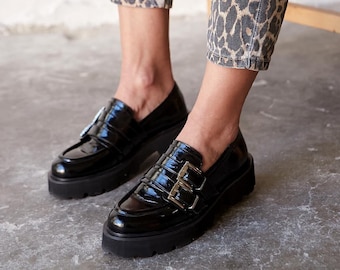 Black Patent Loafers for Women with Buckle Detail,Comfortable EVA Sole shoes, Black Patent Leather Buckle Loafer,Oxford shoes,handmade shoes