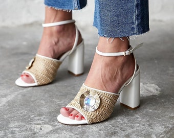 White Straw Heeled Shoes,Women's Woven Wicker Denim Heels,women sandals,ankle strap heels,jean heels,block heels,bridal shoes,wedding shoes