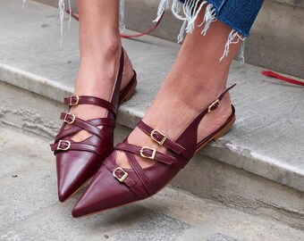 Burgundy leather sandal,ankle strap sandals,flat sole sandals,Beige and Black leather sandals,pointed toe flats,open back sandals