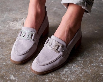 Women Gray suede loafer,brown and black suede loafers,genuine leather shoes,women's casual shoes,thick heeled loafers ,oxford loafers