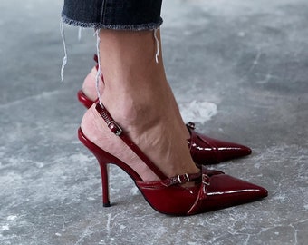 Chaussures à talons hauts bordeaux, chaussures à talons hauts en cuir véritable noir-rouge-brun, chaussures de mariée, chaussures de mariage, talons avec bride à la cheville, chaussures à talons pointus