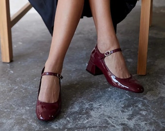 burgundy mary jane shoes,block heel sandals,Black and beige mary jane,women sandals,medium heel sandals,cherry red mary jane heels