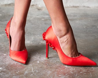 Talons aiguilles en satin rouge, chaussures de mariée, chaussures de mariage, talons hauts pour femmes, talons hauts roses, talons hauts noirs, talons pointus, chaussures de soirée