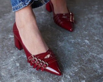 burgundy patent leather block heels,thick heeled shoes,black leather heels,bridal shoe,wedding shoes,genuine leather heels,pointed toe heels
