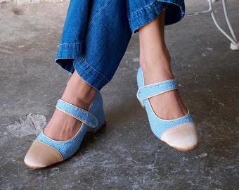 Blue fabric mary jane shoes,block heel sandals,medium heel,mary jane,womens mary jane,black mary jane,fabric flats,thick Heeled sandals