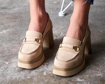 Beige suede platform Loafers,high heeled loafer,square-toe loafers,brown and red loafers,thick heeled loafers,oxford loafers,handmade shoes