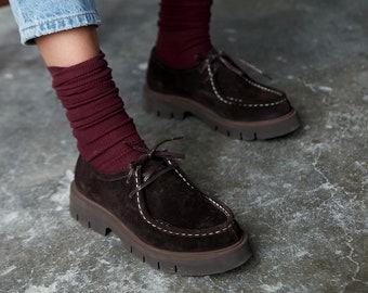 Brown suede loafers,Genuine leather loafers,oxford loafers,women casual shoes,comfortable shoes,chunky loafers,Burgundy,Mink suede loafers