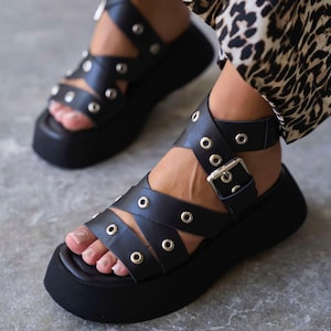 Black Leather Platform Sandals, Chunky Buckle Strap Sandals, Strappy Summer Shoes
