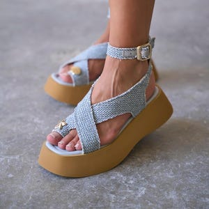 Blue Woven Raffia Platform Sandals, Chunky Ankle Strap Summer Shoes, Women Thong Sandals