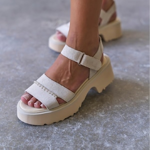 Women Beige Suede Platform Sandals, Chunky Sole Leather Ankle Strap Sandals, Handmade Strappy Shoes