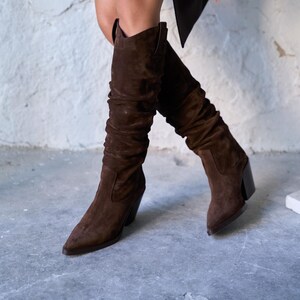 Brown Suede Cowboy Boots, Western Slouch Knee High Boots with Block Heel, Tall Boot