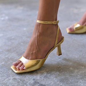 Gold Strappy Leather Heels, Square Toe Ankle Strap Sandals, Wedding Bridal Shoes