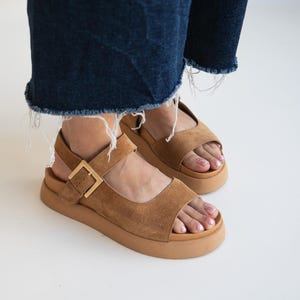 Brown Suede Platform Sandals, Chunky Sole Leather Summer Shoes, Women Flat Sandals