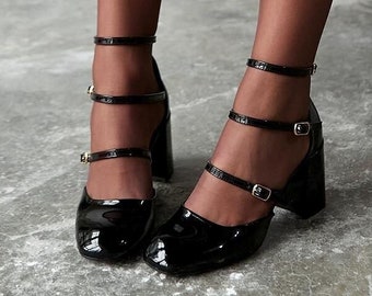 Black Mary Jane Shoes,block Heel Sandals,medium Heel Black Mary Jane Shoes,block Heel Sandals,medium Heel