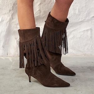 Brown Suede Knee High Boots for Women, Pointed Toe Western Style Tall Boots, Stiletto Heel Elegant Cowgirl Boots, Handmade Suede Boots