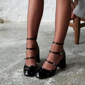 Black mary jane shoes,block heel sandals,medium heel,Burgundy And Beige mary jane,women sandals,Three straps mary jane,strappy mary jane