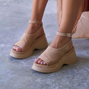 Beige Suede Platform Heel Sandals: Chunky Sole Ankle Strap Wedges