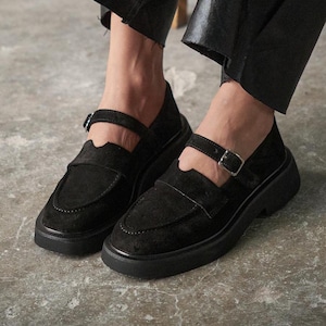 Black Suede Mary Jane Loafers, Chunky Sole Buckle Flats, Women Chunky Shoes