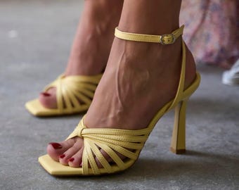 Yellow Leather Strappy Heels, Open Toe Ankle Strap Sandals