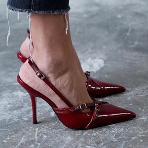 Burgundy High Heels Shoe black brown Genuine Leather Heels bridal Shoes wedding Shoe ankle Strap Heels pointed Toe Heels slingback Heels Etsy