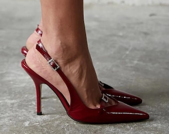 Burgundy leather heels Black White Leather High Heel Shoes Bridal shoes wedding pumps Slingback heels pointed toe heels closed toe heels