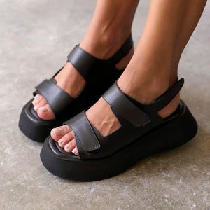 Women Black Leather Platform Sandals, Adjustable Slingback Walking Shoes, Handmade Sandals