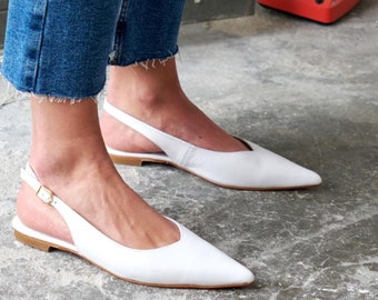 White Leather ballet flats,pointed toe shoes,office shoes,handmade shoes,open back shoes,flat heel ballet shoes,babette shoes,casual shoes