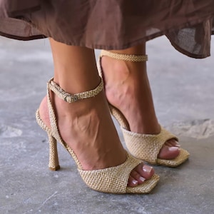 Raffia Ankle Strap Stiletto Heels, Woven Beige Sandals, Square Toe Heels, Women Summer Shoes