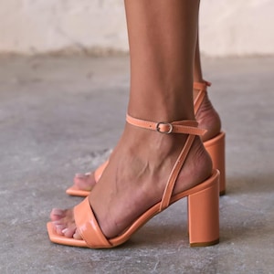 Orange Patent Leather Block Heel Sandals, Ankle Strap Square Toe Heels, Heeled Wedding Heels