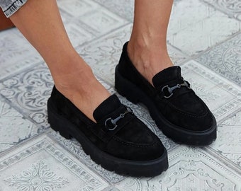 black suede loafer shoes,Women's Black Chain Loafer,black suede loafers with buckle,women's casual shoes,jet black leather women shoes