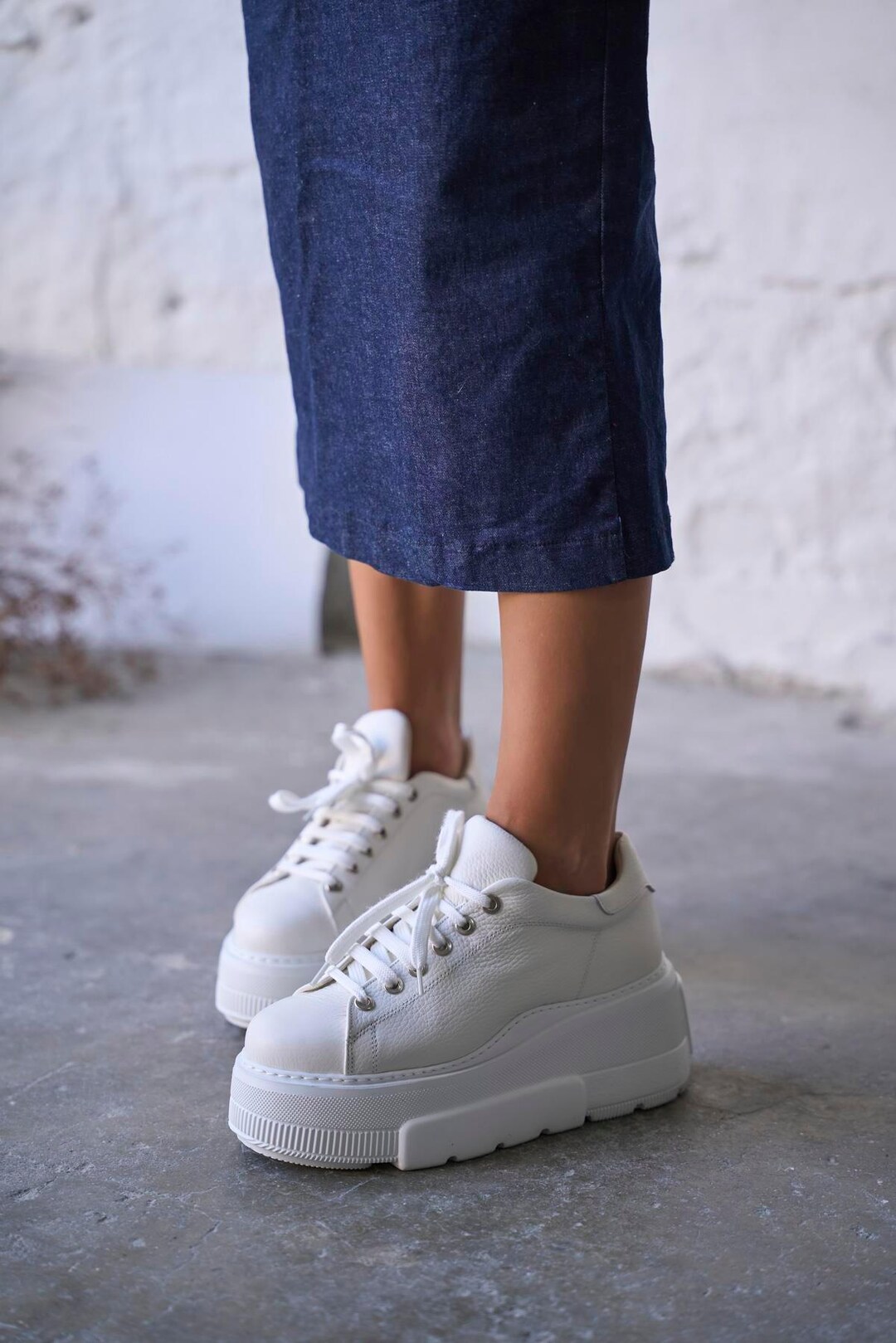 White Leather Platform Sneakers, Chunky Sole Streetwear Shoes