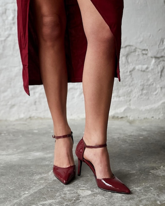 Burgundy Patent Leather High Heels black beige Leather High Heels bridal Shoes wedding Shoes ankle Strap Heels pointed Toe Heels dress Shoes Etsy
