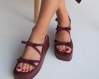 Burgundy Suede Platform Sandals, Strappy Slingback Summer Shoes, Handmade Chunky Heel Sandals