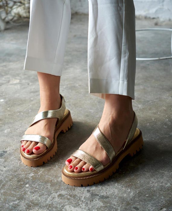 Gold Leather Platform Sandals – Chunky Sole, Strappy Summer