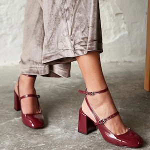 Burgundy Mary Jane Shoes,Block Heel Sandals,Black Mary Jane Shoes,Mary jane flats,Women's Sandals,mary jane heels,ankle strap mary jane image 3