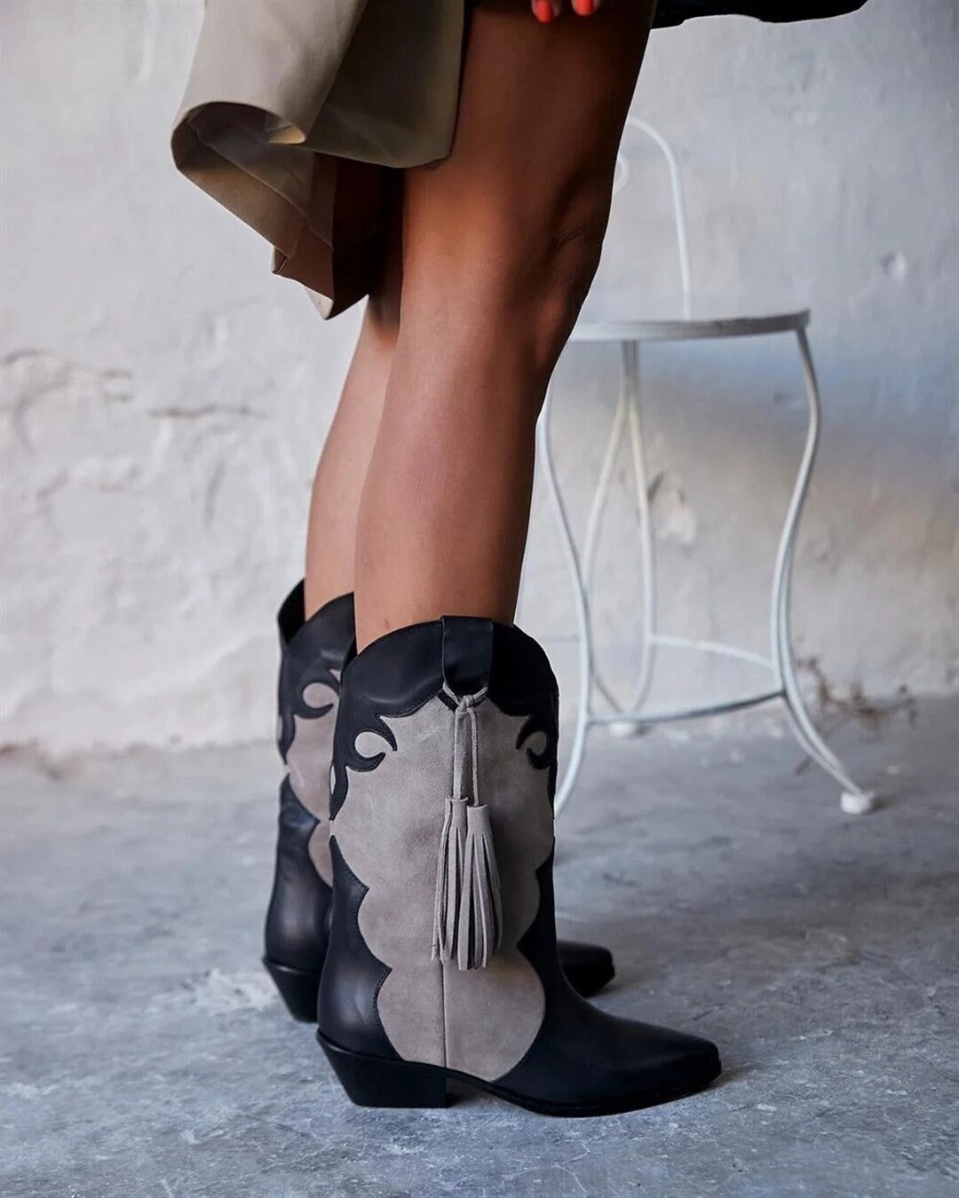 Women Black Suede Tassel Cowboy Boots, Black,brown Suede Cowgirl Boots,pointed Toe Genuine