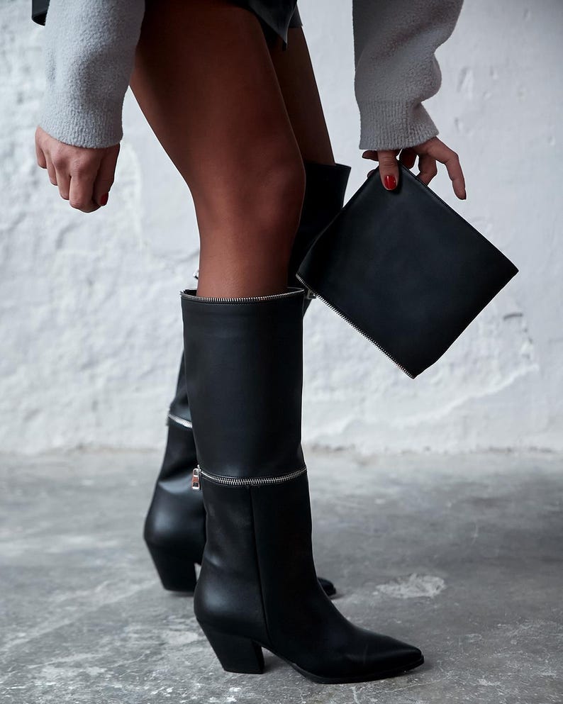 Black Leather Over the Knee High Boots,pointed Toe Boots,zipper Boots